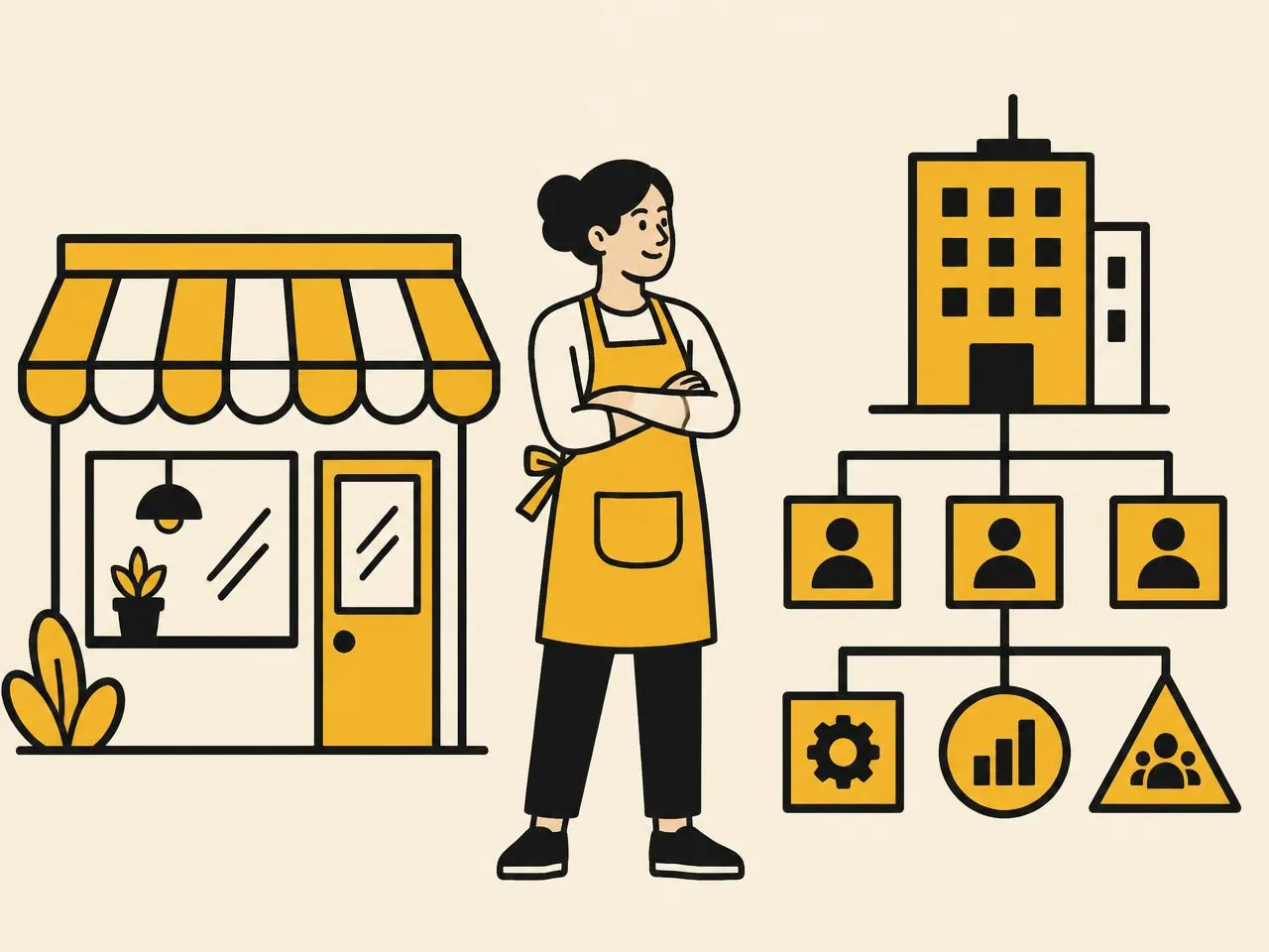 Illustration of a business owner with a storefront and company structure