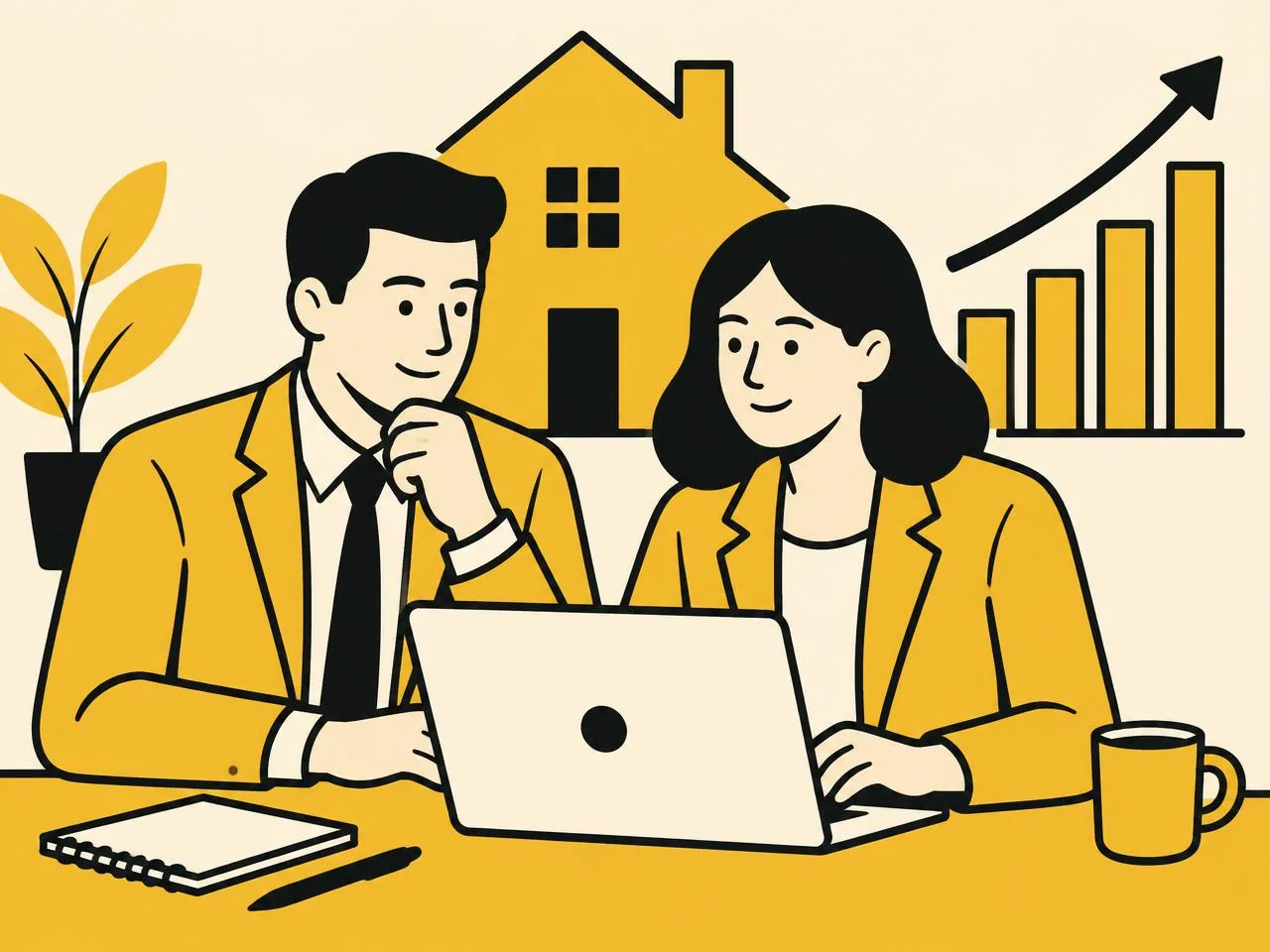 Illustration of a working couple with a home and rising chart