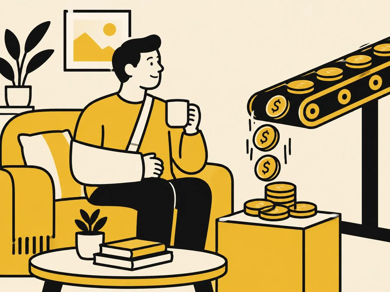 Illustration of a person recovering at home while income keeps arriving