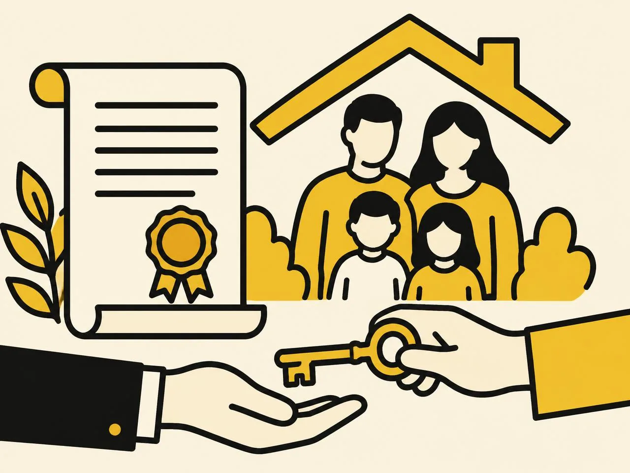 Illustration of a will, a family and a protective roof