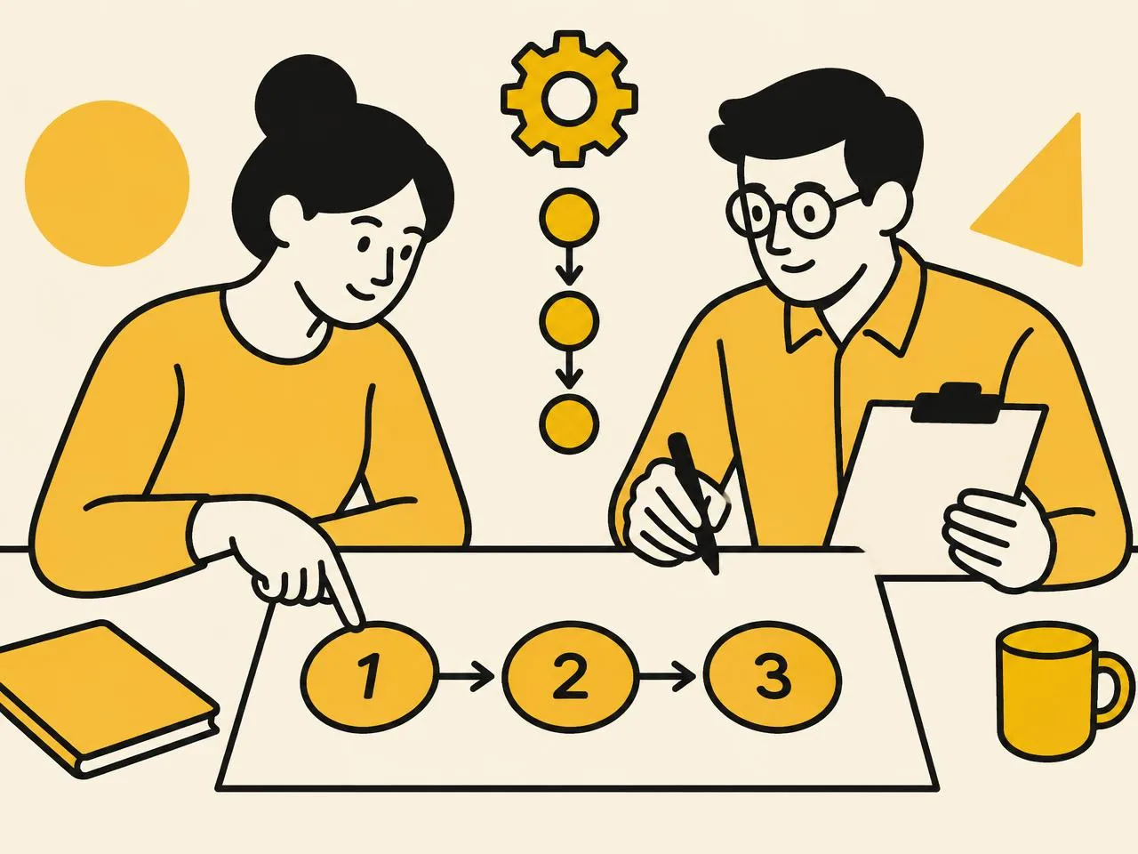 Illustration of two people mapping out a three-step plan