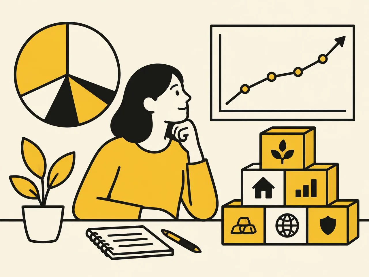 Illustration of a diversified portfolio and a rising line graph
