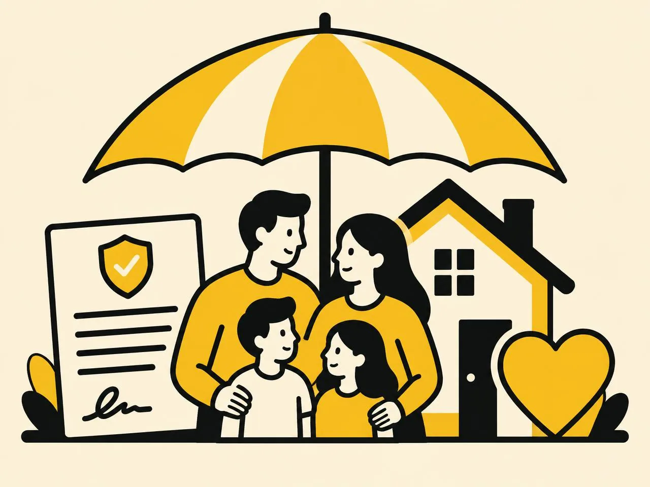 Illustration of an umbrella protecting a family and their home