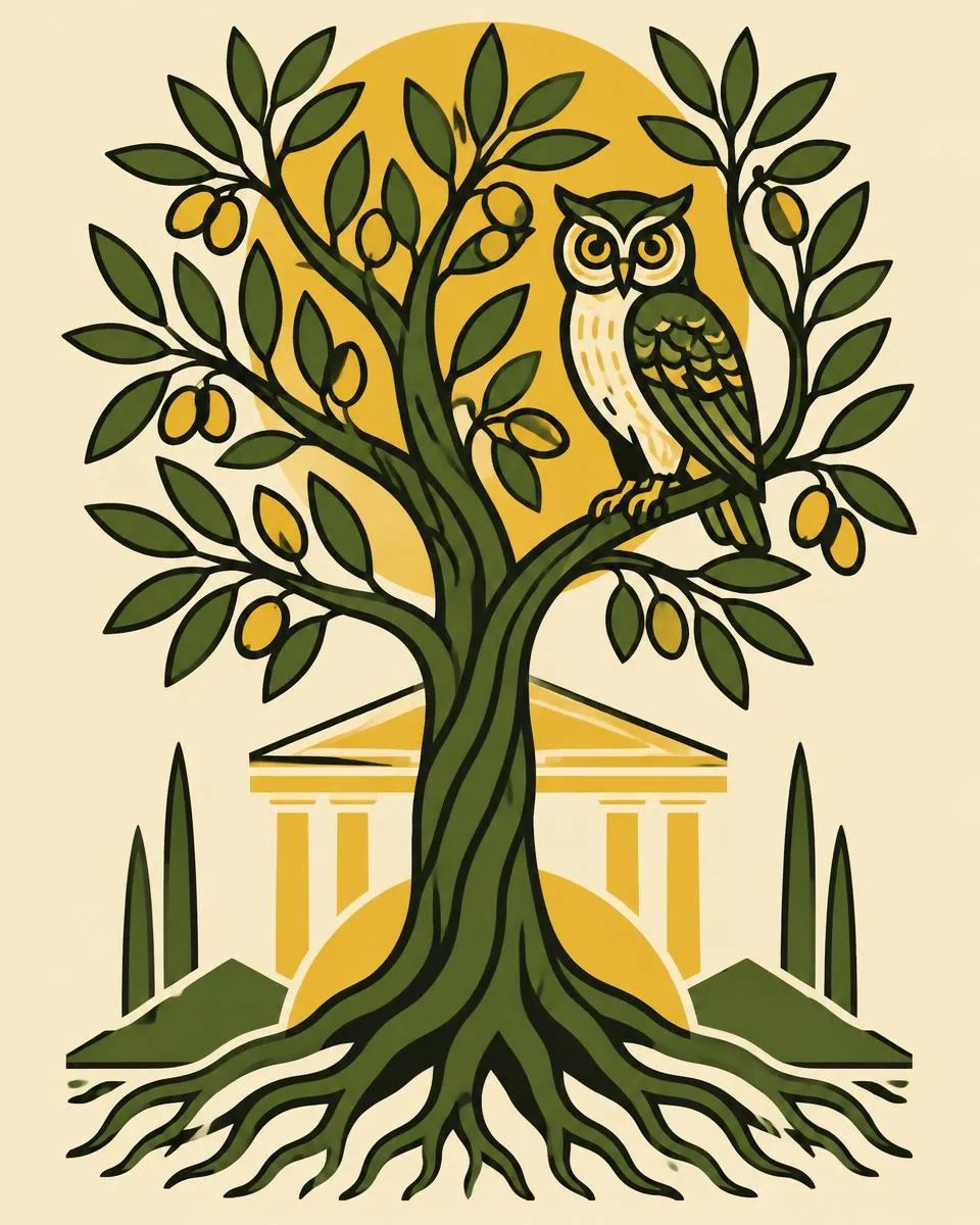 Illustration of an olive tree with deep roots and an owl