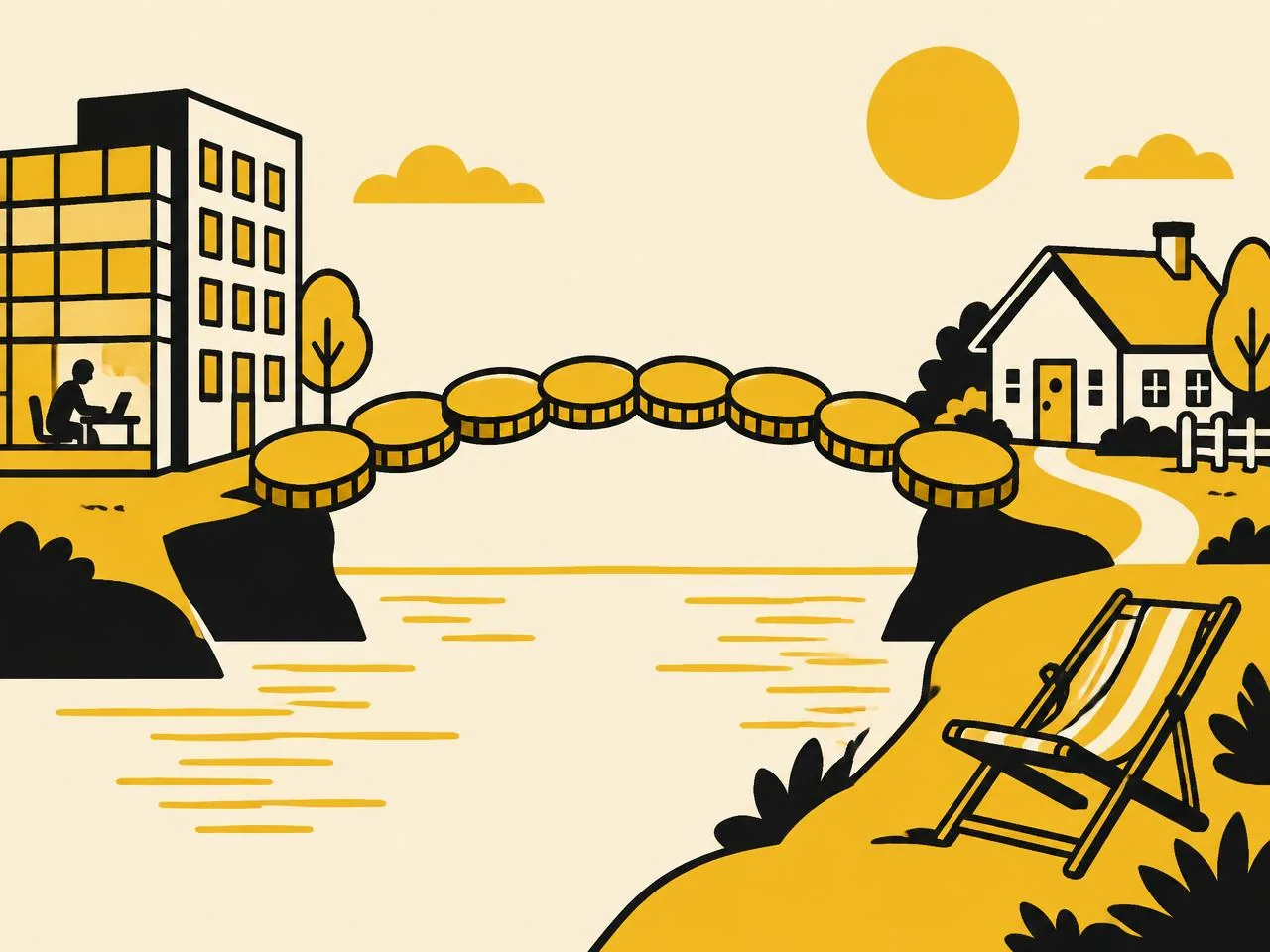 Illustration of a retirement income bridge leading to a cottage