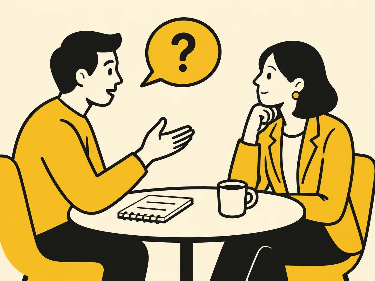 Illustration of two people in conversation over notes and coffee