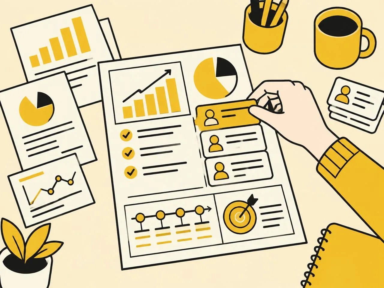 Illustration of documents and charts being arranged into one plan